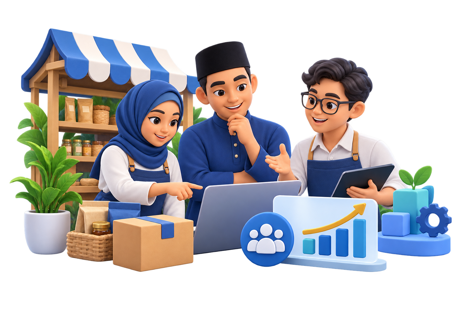 Ilustrasi usahawan bekerjasama mengurus perniagaan dan data digital